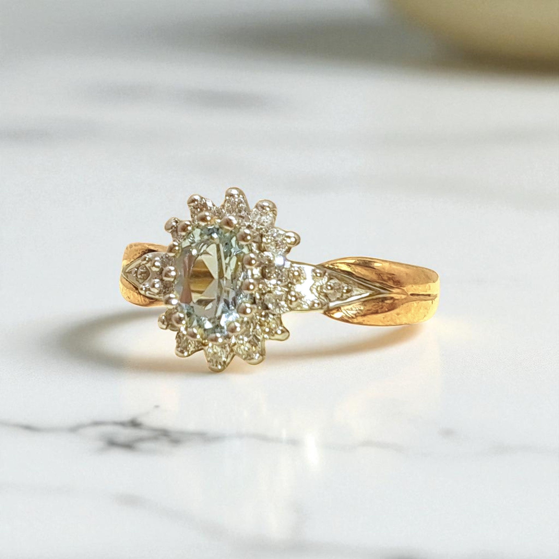 Vintage  'Star of the Sea' 9ct Yellow & White Gold Aquamarine and Diamond Halo Ring