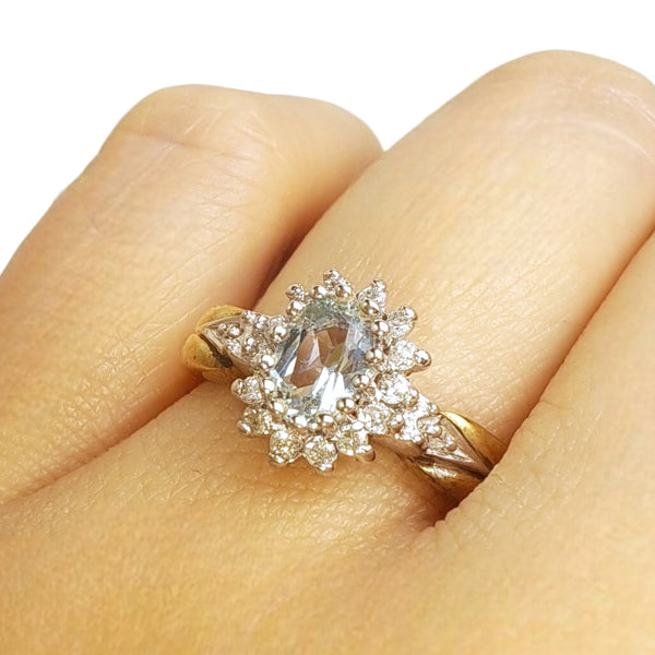 Vintage  'Star of the Sea' 9ct Yellow & White Gold Aquamarine and Diamond Halo Ring
