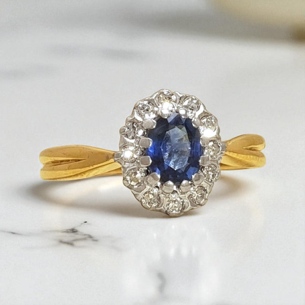 Vintage 'Midnight Crown' 9ct Yellow & White Gold Sapphire and Diamond Halo Ring