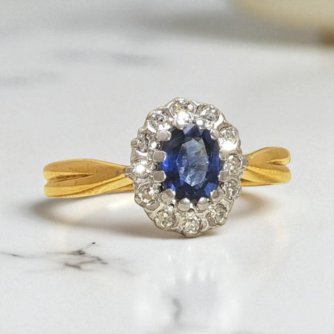 Vintage 'Midnight Crown' 9ct Yellow & White Gold Sapphire and Diamond Halo Ring