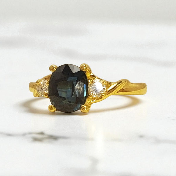 Vintage 'Midnight Muse' 18ct Gold Teal Sapphire and Diamond Ring