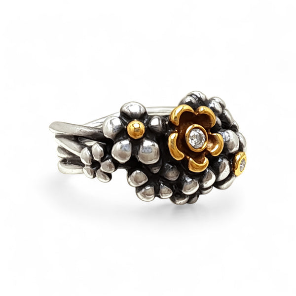 Vintage Pandora Silver, 14ct Gold and Diamond Flower Bouquet Ring