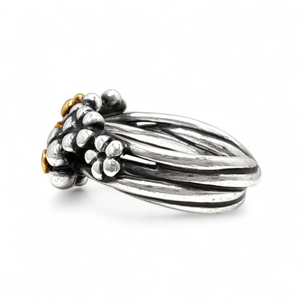Vintage Pandora Silver, 14ct Gold and Diamond Flower Bouquet Ring