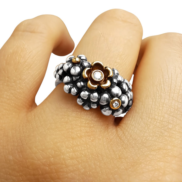 Vintage Pandora Silver, 14ct Gold and Diamond Flower Bouquet Ring