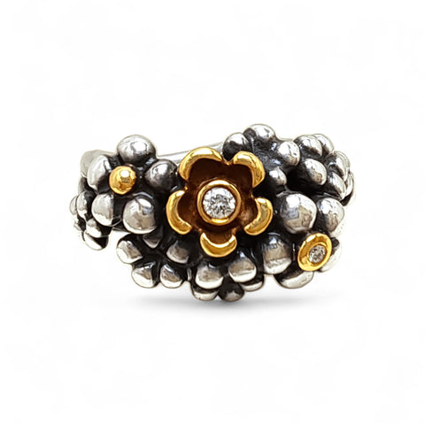 Vintage Pandora Silver, 14ct Gold and Diamond Flower Bouquet Ring