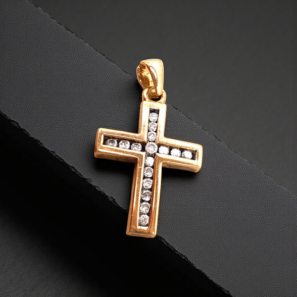 Vintage 9ct Yellow Gold 16 Diamond Cross Necklace