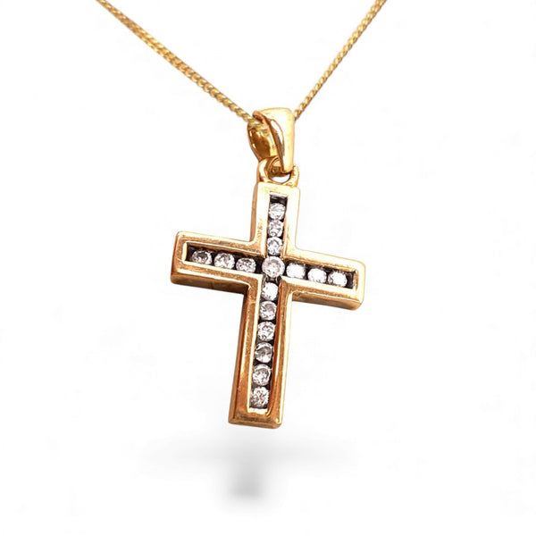 Vintage 9ct Yellow Gold 16 Diamond Cross Necklace