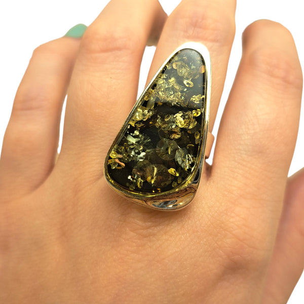 Extra-Large Green Amber Triangle Ring