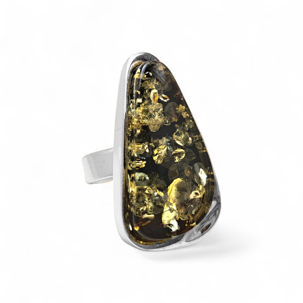 Extra-Large Green Amber Triangle Ring
