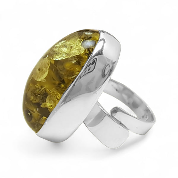 Extra-Large Green Amber Oval Ring