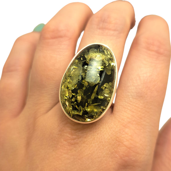 Extra-Large Green Amber Oval Ring