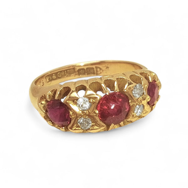 Vintage 'Ruby Flame' 18ct Yellow Gold Three Ruby and Diamond Ring