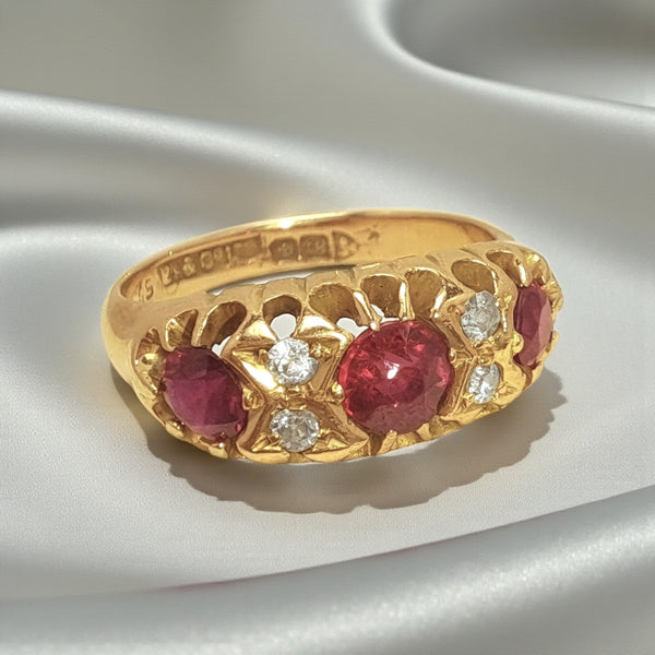Vintage 'Ruby Flame' 18ct Yellow Gold Three Ruby and Diamond Ring