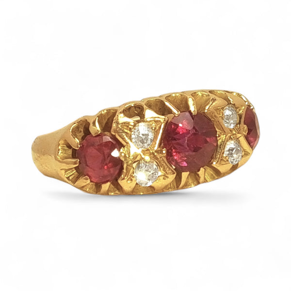 Vintage 'Ruby Flame' 18ct Yellow Gold Three Ruby and Diamond Ring