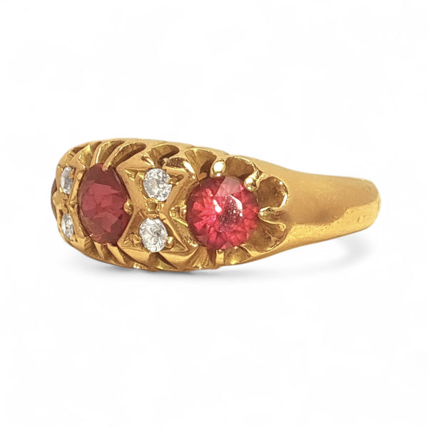 Vintage 'Ruby Flame' 18ct Yellow Gold Three Ruby and Diamond Ring