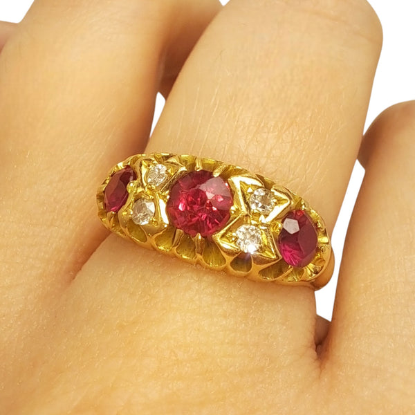 Vintage 'Ruby Flame' 18ct Yellow Gold Three Ruby and Diamond Ring