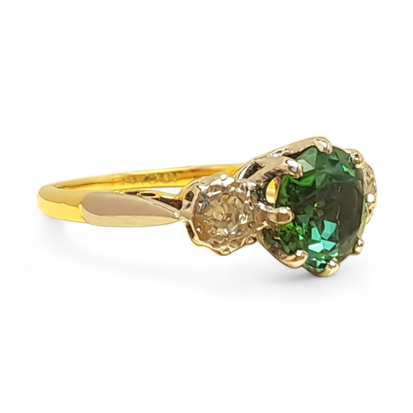 Vintage 'Verdant Glow' 18ct Yellow Gold and Platinum Polychromatic Green Tourmaline and Diamond Ring
