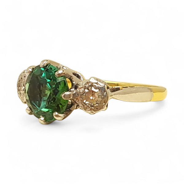 Vintage 'Verdant Glow' 18ct Yellow Gold and Platinum Polychromatic Green Tourmaline and Diamond Ring