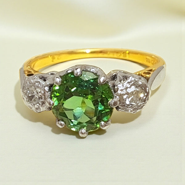 Vintage 'Verdant Glow' 18ct Yellow Gold and Platinum Polychromatic Green Tourmaline and Diamond Ring