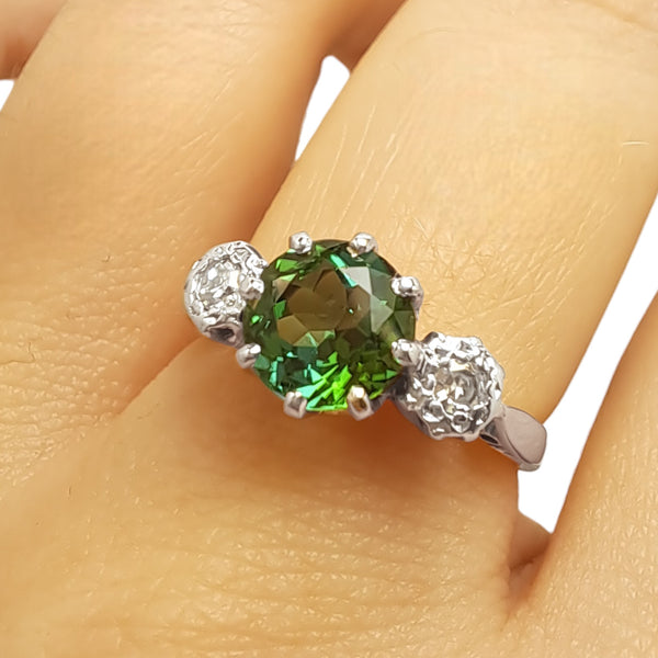 Vintage 'Verdant Glow' 18ct Yellow Gold and Platinum Polychromatic Green Tourmaline and Diamond Ring