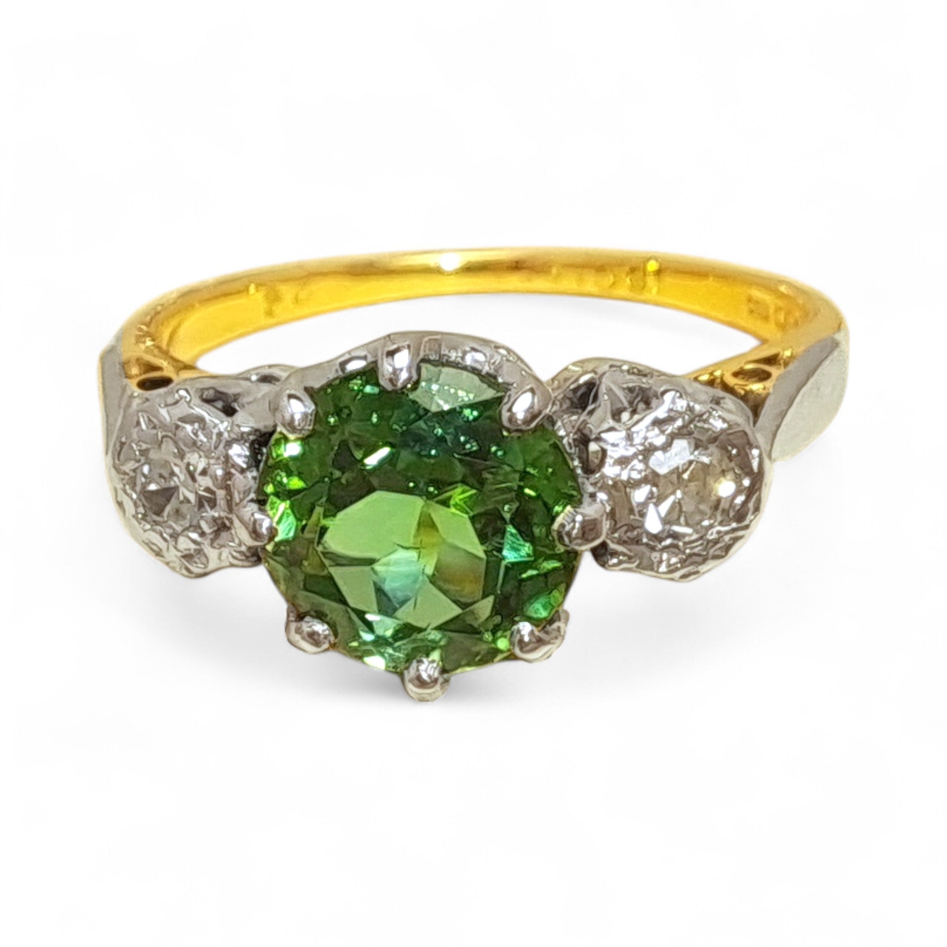 Vintage 'Verdant Glow' 18ct Yellow Gold and Platinum Polychromatic Green Tourmaline and Diamond Ring