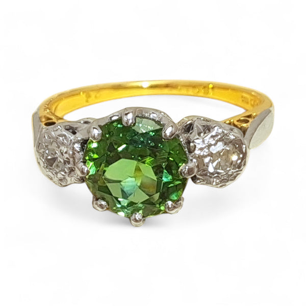 Vintage 'Verdant Glow' 18ct Yellow Gold and Platinum Polychromatic Green Tourmaline and Diamond Ring