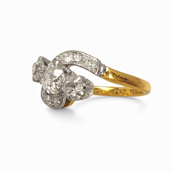 Vintage 'Eternal Wave' 18ct Yellow Gold and Platinum Old-Cut Diamond Trilogy Ring