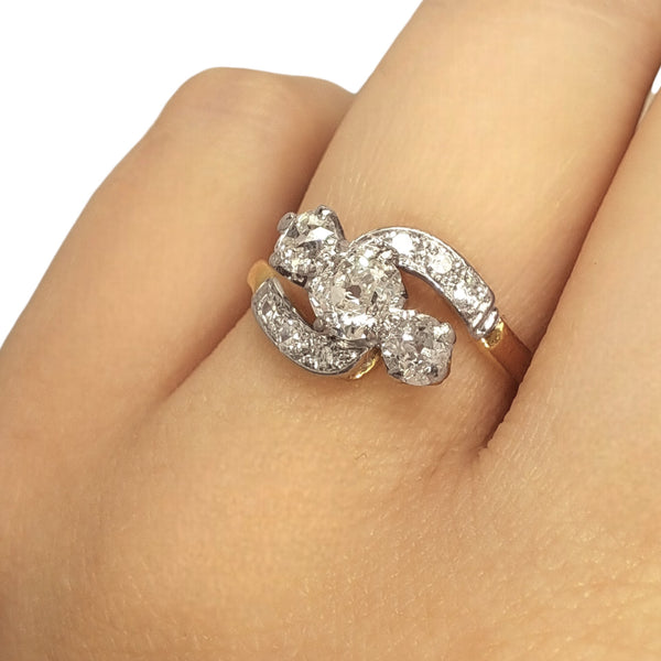 Vintage 'Eternal Wave' 18ct Yellow Gold and Platinum Old-Cut Diamond Trilogy Ring