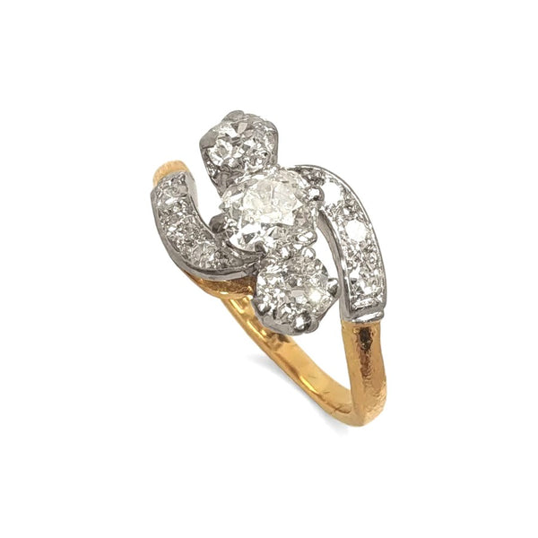 Vintage 'Eternal Wave' 18ct Yellow Gold and Platinum Old-Cut Diamond Trilogy Ring