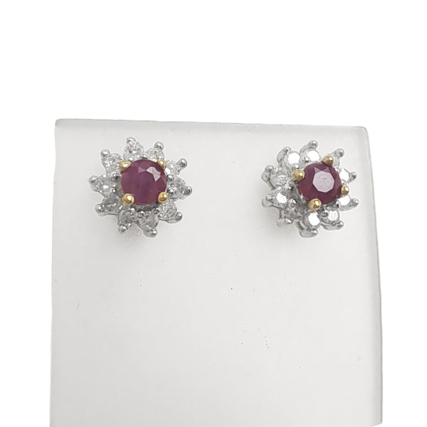 Vintage 9ct Gold Ruby & 10 Diamond Halo Stud Earrings