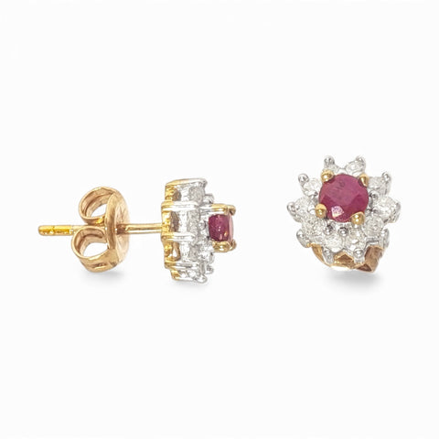 Vintage 9ct Gold Ruby & 10 Diamond Halo Stud Earrings
