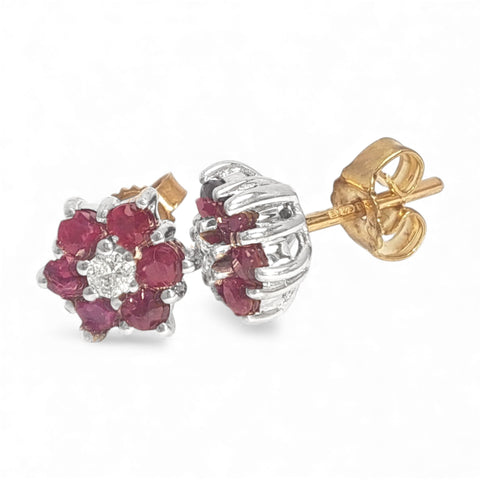 Vintage 9ct Gold Ruby & Diamond Flower Stud Earrings