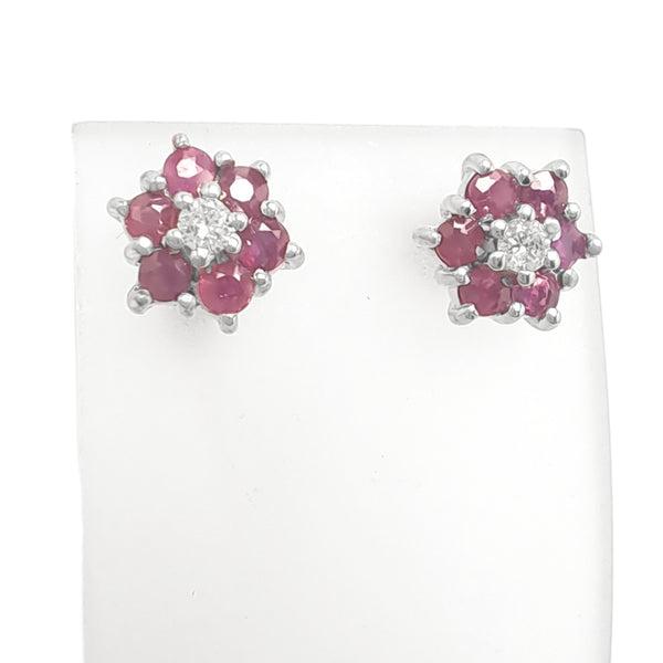 Vintage 9ct Gold Ruby & Diamond Flower Stud Earrings