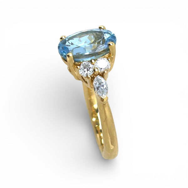 Vintage 'Blue Trefoil' 18ct Yellow Gold Aquamarine and Trefoil Diamond Ring