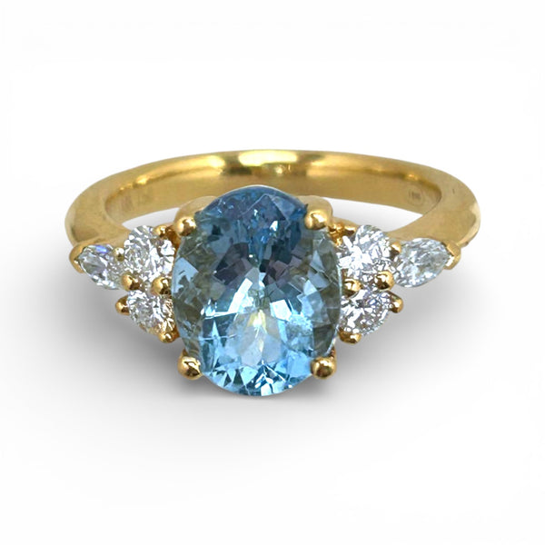 Vintage 'Blue Trefoil' 18ct Yellow Gold Aquamarine and Trefoil Diamond Ring