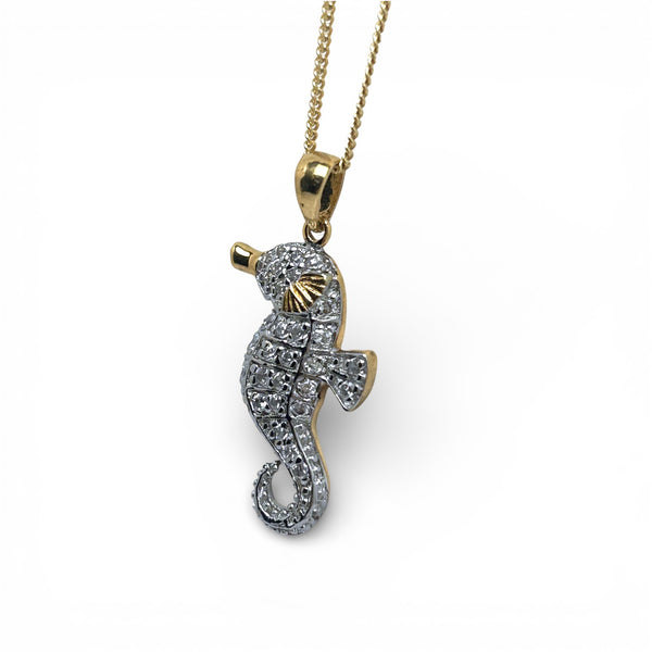 Vintage 'Seahorse Whisper' 9ct Gold Diamond Set Seahorse Pendant Necklace