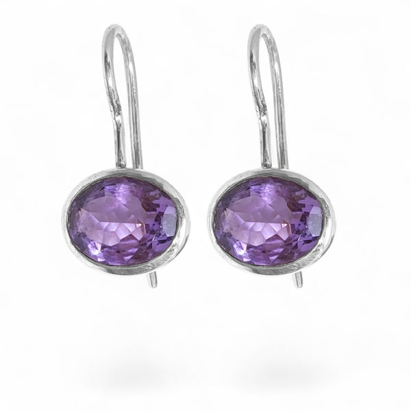 Silver Oval Amethyst Drop Earrings