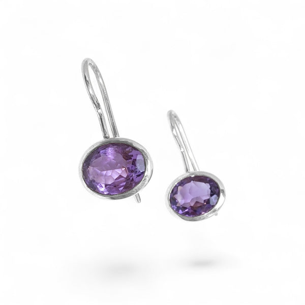 Silver Oval Amethyst Drop Earrings