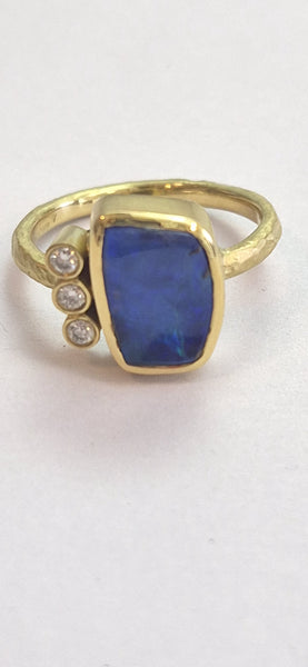 18ct Gold hammered ring set with Australian Boulder Opal & Diamonds