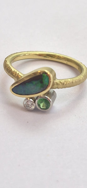 18ct Gold ring set with Australian Boulder Opal, Tsavorite Garnet & Diamond