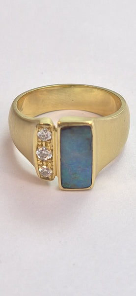 18ct Gold satin ring set with Australian Boulder Opal & Diamonds