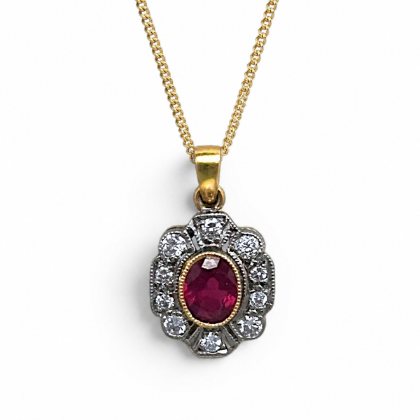 Vintage "Crimson Belle" 18ct Yellow and White Gold Ruby and Diamond Cluster Pendant