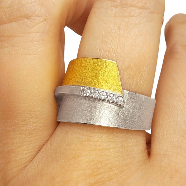 'Aurora Halo' Silver & 22ct Gold Five Diamond Ring