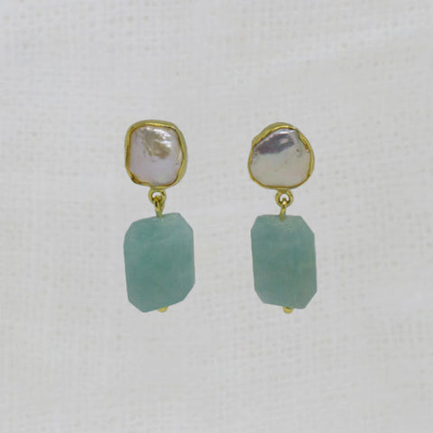 Beyond Biasa Irregular Pearl and Amazonite Gemstone Earrings