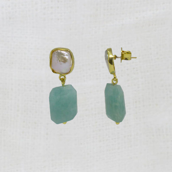 Beyond Biasa Irregular Pearl and Amazonite Gemstone Earrings