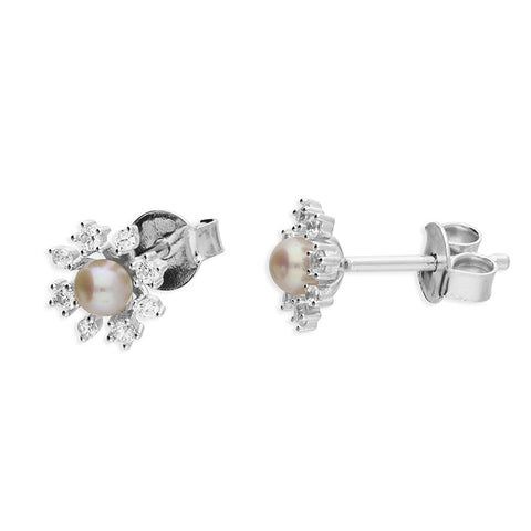 Dainty Flower Freshwater Pearl and Diamanté Stud Earrings