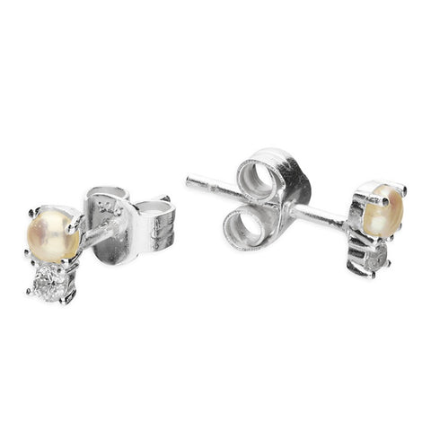 Dewdrop Duo 2mm Diamanté and Freshwater Pearl Sterling Silver Stud Earrings