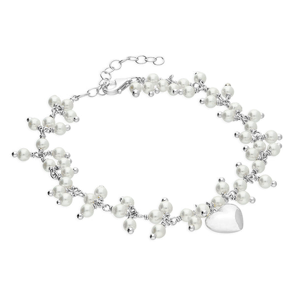 Sterling Silver Shell Pearl Heart Charm Bracelet