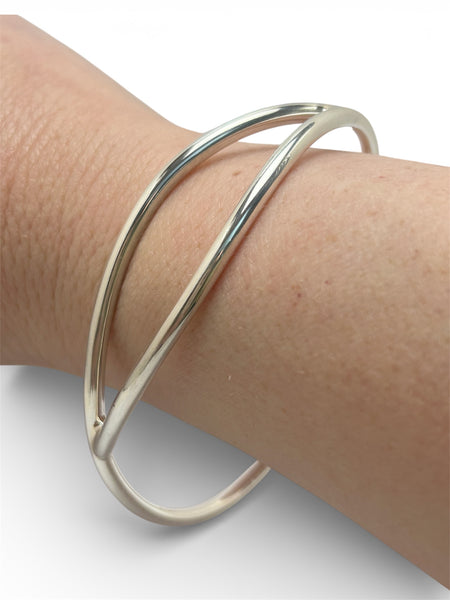 3mm Silver Polished Leaf Bangle Round Wire - Oval