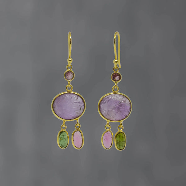 Beyond Biasa Carved Amethyst and Tourmaline Earrings